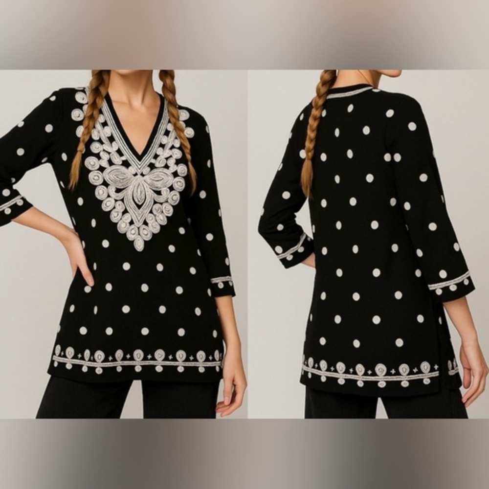 V Christina Black & White Polka Dot Embroidered Tunic Top – Boho Chic, Size S